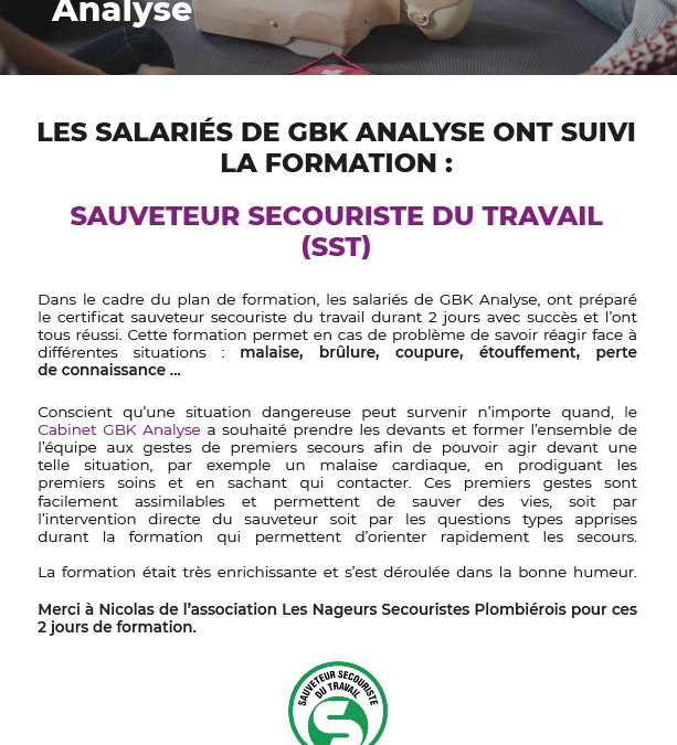 L’équipe de GBK Analyse s’est formée au SST (Sauveteur Secouriste du Travail)