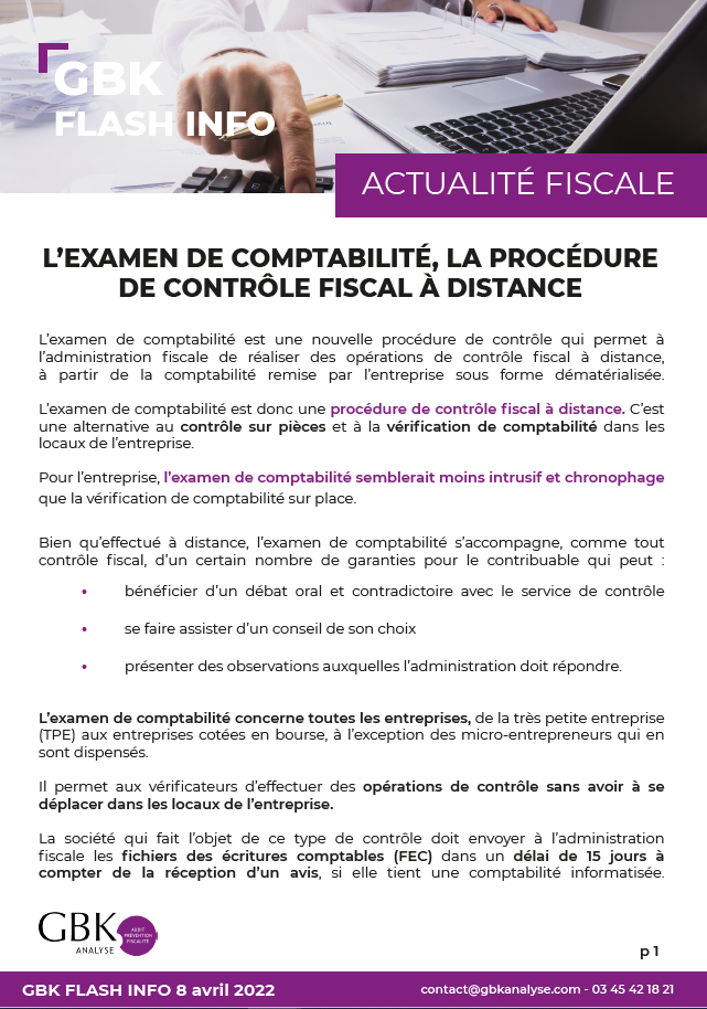 L'examen de comptabilité, la procédure de contrôle fiscal à distance GBK Analyse