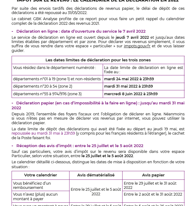 Impôt sur le revenu : Le calendrier de la déclaration 2022