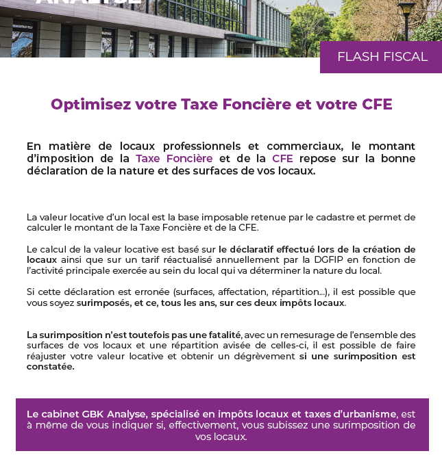 Optimisez votre Taxe Foncière et votre CFE