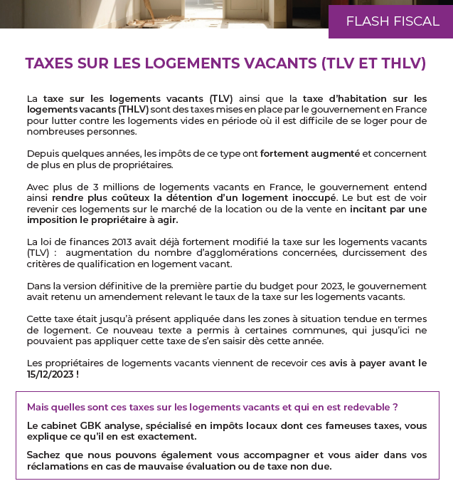 Taxes sur les logements vacants (TLV ET THLV)