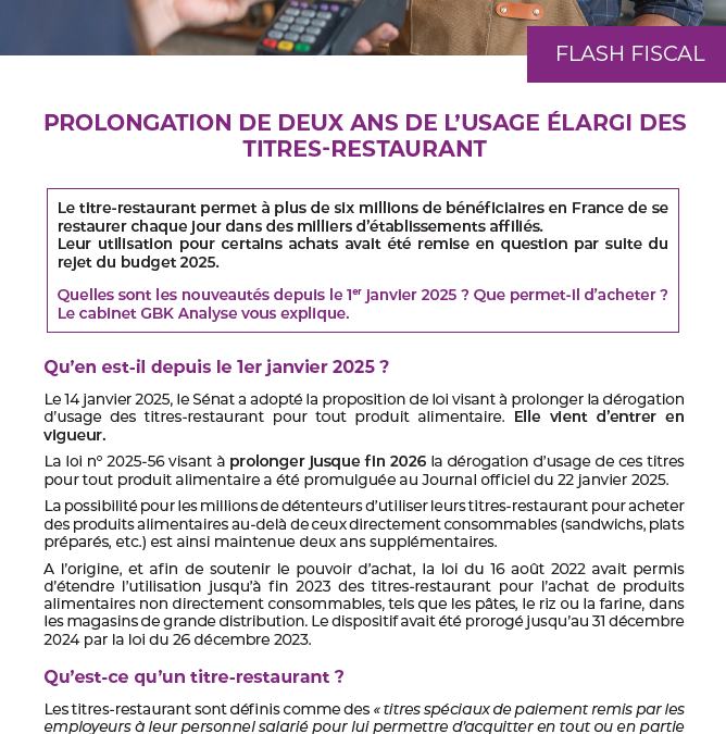 Prolongation de deux ans de l’usage élargi des titres-restaurant