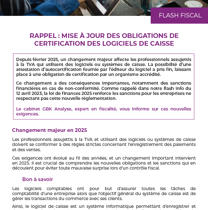 rappel : Mise à jour des obligations de certification des logiciels de caisse