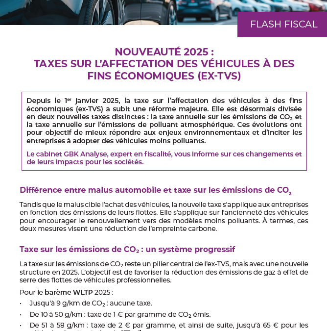 Nouveauté 2025 : Taxes sur l’affectation des véhicules à des fins économiques (ex-TVS)