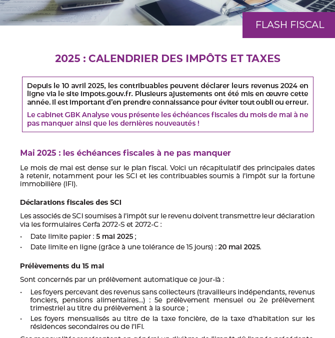 2025 : Calendrier des impôts et taxes