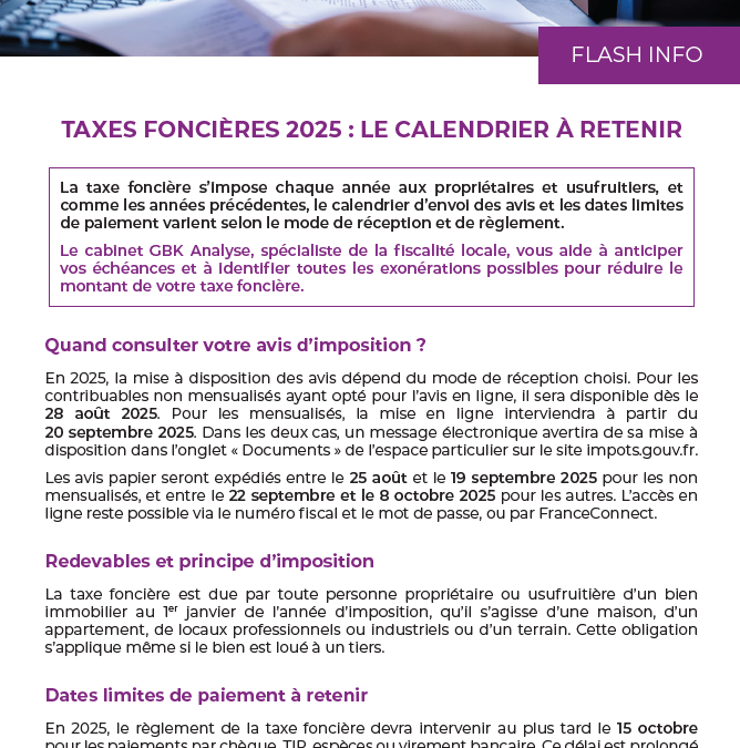 Taxes foncières 2025 : le calendrier à retenir