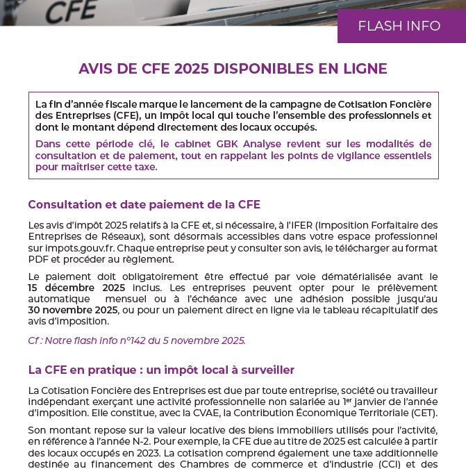 Avis de CFE 2025 disponibles en ligne