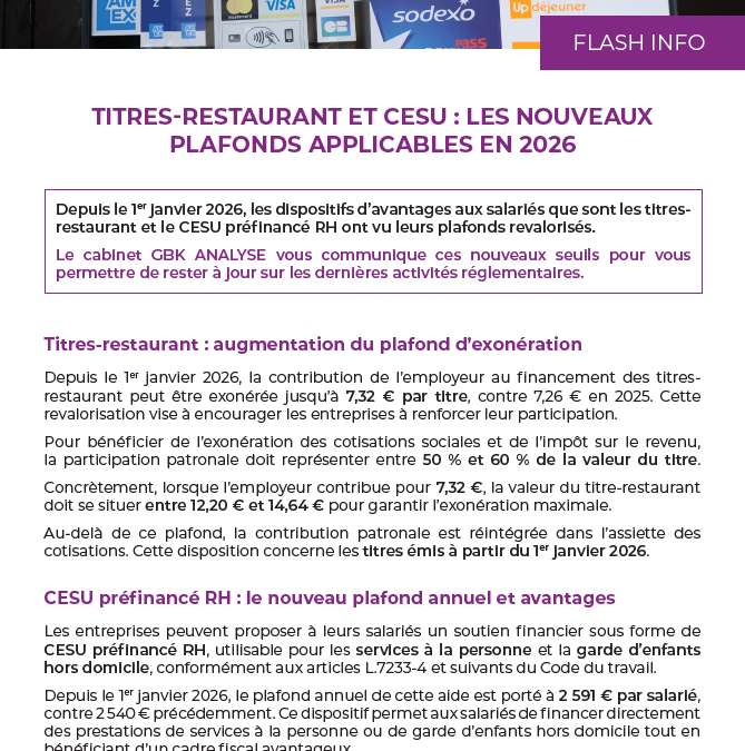 Titres-restaurant et CESU : les nouveaux plafonds applicables en 2026