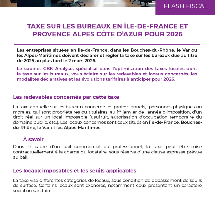 Taxe sur les bureaux en Île-de-France et Provence Alpes Côte d’Azur pour 2026